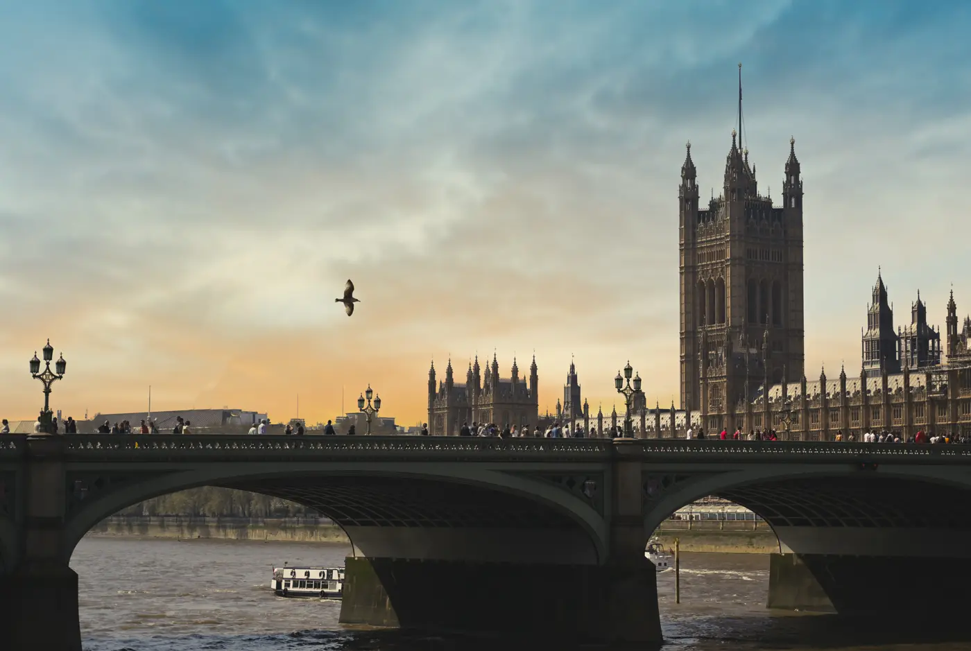 The Palace of Westminster and Westminster Bridge over the Thames at dusk